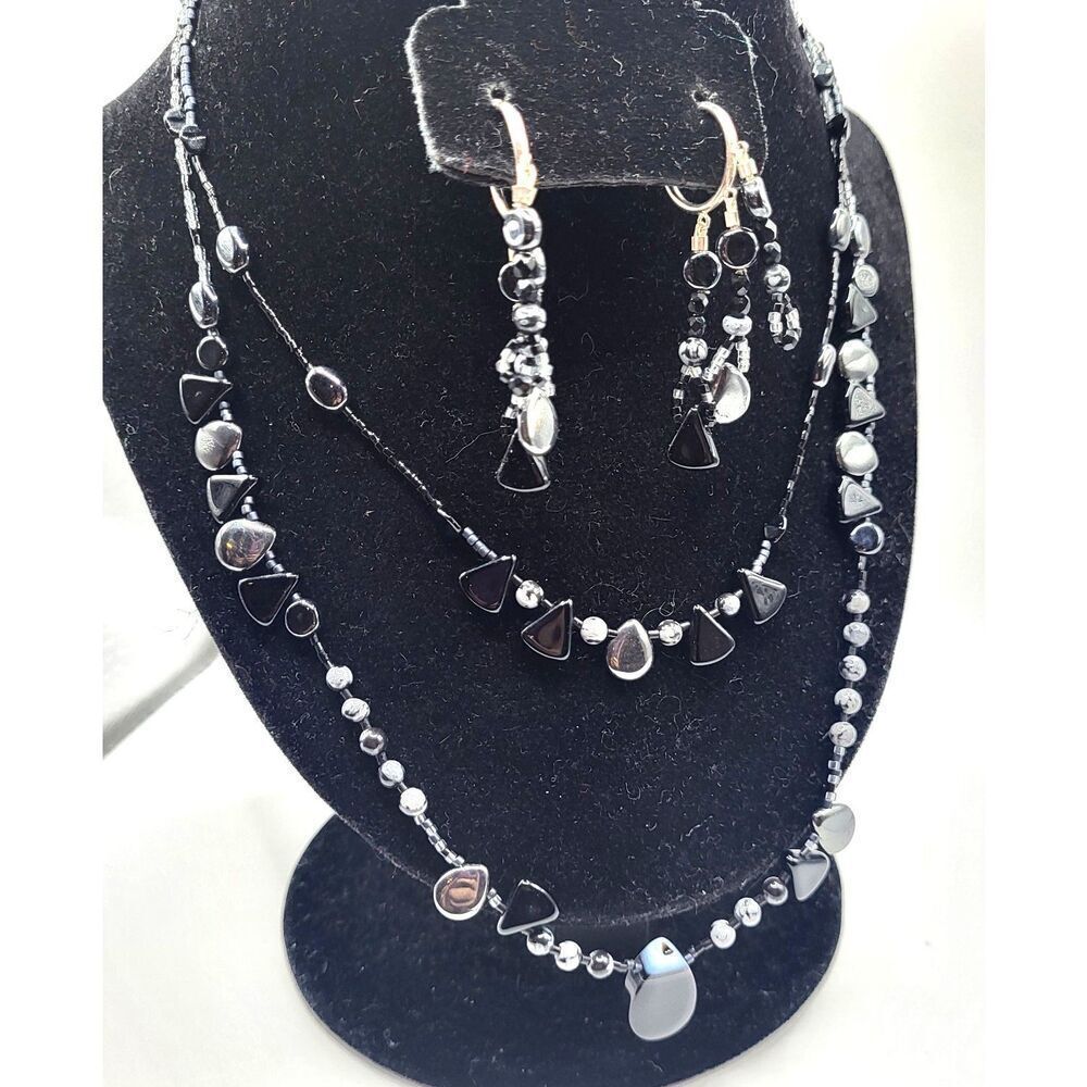 Artisan Sterling SIlver Snowflake Onyx Hematite Demi Parure Necklace Earring 16"